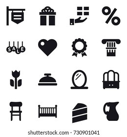16 vector icon set : shop signboard, gift, percent, sale, heart, medal, column, service bell, mirror, dresser, chair, crib, jug