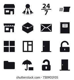 16 vector icon set : shop, share, 24/7, delivery, box, mail, copybook, window, door, unlock, unlocked
