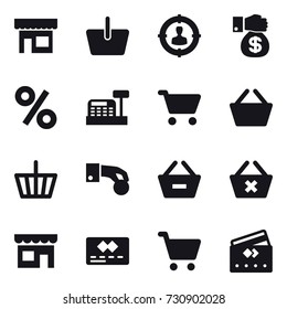16 vector icon set : shop, basket, target audience, money gift, percent, cashbox, cart, hand coin, remove from basket, delete cart, credit card