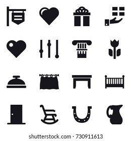 16 vector icon set : shop signboard, heart, gift, equalizer, column, service bell, curtain, table, crib, door, rocking chair, horseshoe, jug