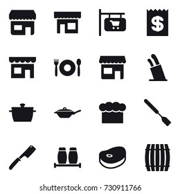 16 vector icon set : shop, shop signboard, receipt, cafe, stands for knives, pan, chef  hat, spatula, chef knife, barrel