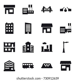 16 vector icon set : shop, store, bridge, drawbridge, building, skyscraper, mall, modular house, city, outdoor light, bus, taxi