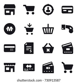 16 vector icon set : shop, cart, target audience, card, crypto currency, add to cart, basket, hand coin, credit card, account balance, delete cart