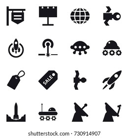16 vector icon set : shop signboard, billboard, globe, satellite, rocket, laser, ufo, lunar rover, label, sale label