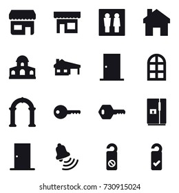 16 vector icon set : shop, wc, home, mansion, house with garage, door, arch window, arch, key, fridge, bell, do not distrub, please clean