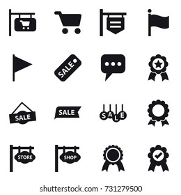 16 vector icon set : shop signboard, cart, flag, sale, message, medal, store signboard