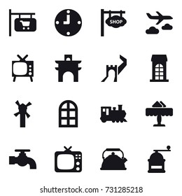 16 vector icon set : shop signboard, clock, journey, tv, arch, greate wall, building, windmill, arch window, train, restaurant, water tap, kettle, hand mill