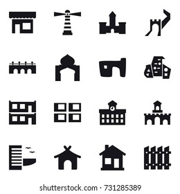 16 vector icon set : shop, lighthouse, castle, greate wall, bridge, minaret, slum, modern architecture, modular house, panel house, university, fort, hotel, bungalow, home, fence