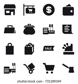 16 vector icon set : shop, shop signboard, dollar, wallet, shopping bag, purse, store, shopping list, sale, cashbox, mall, turk