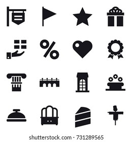 16 vector icon set : shop signboard, flag, star, gift, percent, heart, medal, column, bridge, building, flower bed, service bell, dresser, scarecrow