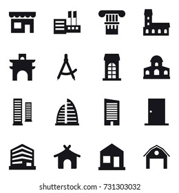 16 vector icon set : shop, store, column, mansion, arch, draw compass, building, skyscrapers, skyscraper, door, bungalow, home, barn