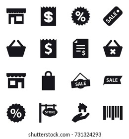 16 vector icon set : shop, receipt, percent, sale, basket, account balance, delete cart, shopping bag, store signboard, real estate