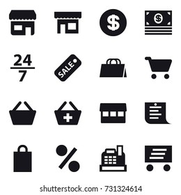 16 vector icon set : shop, dollar, money, 24/7, sale, shopping bag, cart, basket, add to basket, market, shopping list, percent, cashbox, delivery