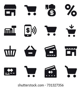 16 vector icon set : shop, cart, money gift, percent, cashbox, phone pay, add to cart, basket, remove from basket, credit card