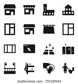 16 vector icon set : shop, mansion, cottage, window, curtain, clean floor, clean  window, skyscapers cleaning, skyscrapers cleaning, wiping, toilet cleaning
