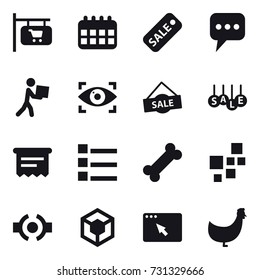 16 vector icon set : shop signboard, calendar, sale, message, courier, eye identity, atm receipt, list, chicken