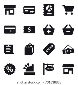 16 vector icon set : shop, card, annual report, cart, credit card, receipt, add to basket, remove from basket, shopping list, shopping bag, sale label, sale, percent, cashbox, store signboard