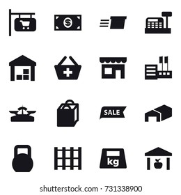 16 vector icon set : shop signboard, money, delivery, cashbox, warehouse, add to basket, shop, store, scales, shopping bag, sale
