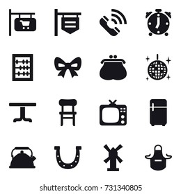 16 vector icon set : shop signboard, call, alarm clock, abacus, bow, purse, disco ball, table, chair, tv, fridge, kettle, horseshoe, windmill, apron