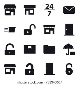16 vector icon set : shop, 24/7, mail, delivery, unlock, door, unlocked