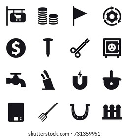 16 vector icon set : shop signboard, coin stack, flag, around gear, dollar coin, nail, safe, water tap, stands for knives, kitchen scales, fork, horseshoe, grain elevator