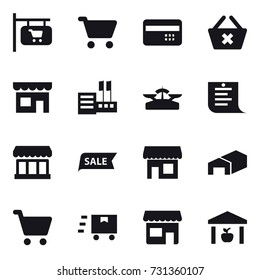 16 vector icon set : shop signboard, cart, credit card, delete cart, shop, store, scales, shopping list, market, sale, warehouse