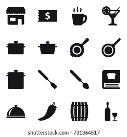 16 vector icon set : shop, receipt, hot drink, cocktail, pan, spatula, big spoon, hot pepper, barrel, wine
