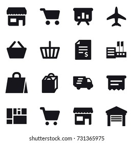 16 vector icon set : shop, cart, presentation, plane, basket, account balance, store, shopping bag, delivery, atm receipt, garage