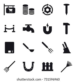 16 vector icon set : shop signboard, coin stack, around gear, nail, vip fence, water tap, kitchen scales, ladle, big fork, knife holder, fork, horseshoe, grain elevator, rake