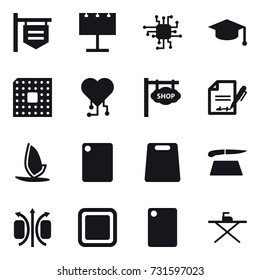 16 vector icon set : shop signboard, billboard, chip, graduate hat, cpu, cardio chip, windsurfing, cutting board, iron board