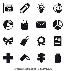 16 vector icon set : shop signboard, pencil, bulb, circle diagram, shopping bag, mail, diagram, bow, label, medal, signpost