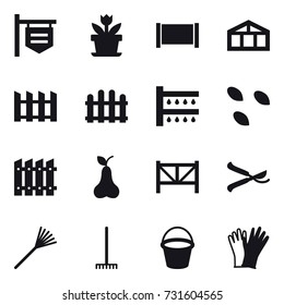 16 vector icon set : shop signboard, flower, fence, greenhouse, watering, seeds, pear, farm fence, pruner, rake, bucket, gloves