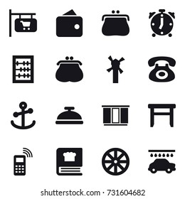 16 vector icon set : shop signboard, wallet, purse, alarm clock, abacus, windmill, service bell, wardrobe, stool, wheel, car wash