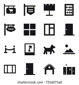 16 vector icon set : shop signboard, billboard, abacus, window, door, vip fence, photo, dog, landscape, barn, clean  window