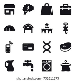 16 vector icon set : shop, brain, shopping bag, hangare, barn, fort, jug, water tap, washing machine, hanger