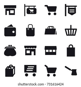 16 vector icon set : shop, shop signboard, cart, wallet, shopping bag, basket, purse, market, delivery, turk