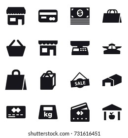 16 vector icon set : shop, card, money, shopping bag, basket, market scales, scales, sale, warehouse, credit card