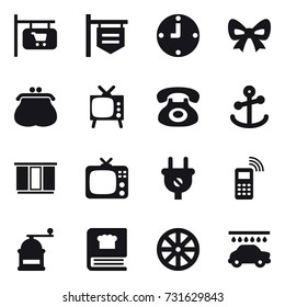 16 vector icon set : shop signboard, clock, bow, purse, tv, wardrobe, hand mill, wheel, car wash