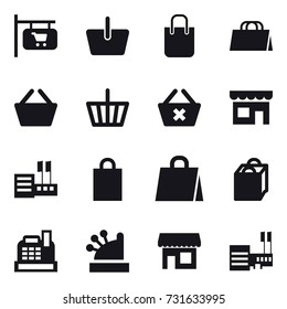16 vector icon set : shop signboard, basket, shopping bag, delete cart, shop, store, cashbox, mall