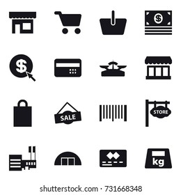 16 vector icon set : shop, cart, basket, money, dollar arrow, credit card, scales, market, shopping bag, sale, barcode, store signboard, mall, hangar 16 vector icon set : shop, cart, basket, money, dollar arrow, credit card, scales, market, shopping bag, sale, barcode, store signboard, mall, hangar