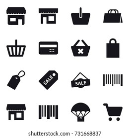 16 vector icon set : shop, basket, shopping bag, credit card, delete cart, label, sale label, sale, barcode