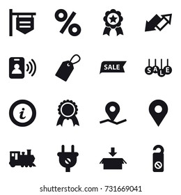 16 vector icon set : shop signboard, percent, medal, up down arrow, pass card, label, sale, info, train, package, do not distrub