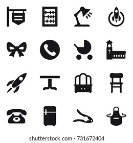 16 vector icon set : shop signboard, abacus, table lamp, rocket, bow, phone, baby stroller, church, table, dresser, chair, fridge, walnut crack, apron