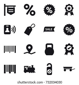 16 vector icon set : shop signboard, percent, medal, pass card, label, sale, barcode, train, do not distrub, trailer