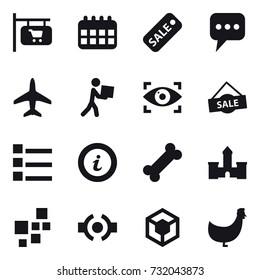 16 vector icon set : shop signboard, calendar, sale, message, plane, courier, eye identity, list, info, castle, chicken