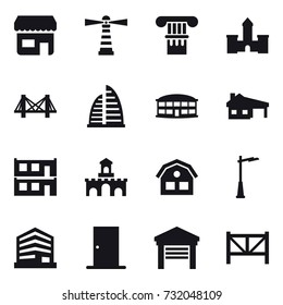 16 vector icon set : shop, lighthouse, column, castle, bridge, skyscraper, airport building, house with garage, modular house, fort, house, outdoor light, door, garage, farm fence