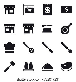 16 vector icon set : shop, shop signboard, receipt, cutting board, pan, cook hat, skimmer, spatula, big spoon, meat hammer