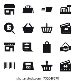 16 vector icon set : shop, shopping bag, delivery, cashbox, dollar arrow, basket, credit card, shopping list, sale, barcode