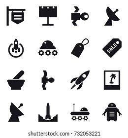 16 vector icon set : shop signboard, billboard, satellite, satellite antenna, rocket, lunar rover, label, sale label, photo