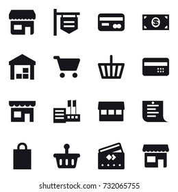 16 vector icon set : shop, shop signboard, card, money, warehouse, cart, basket, credit card, store, market, shopping list, shopping bag